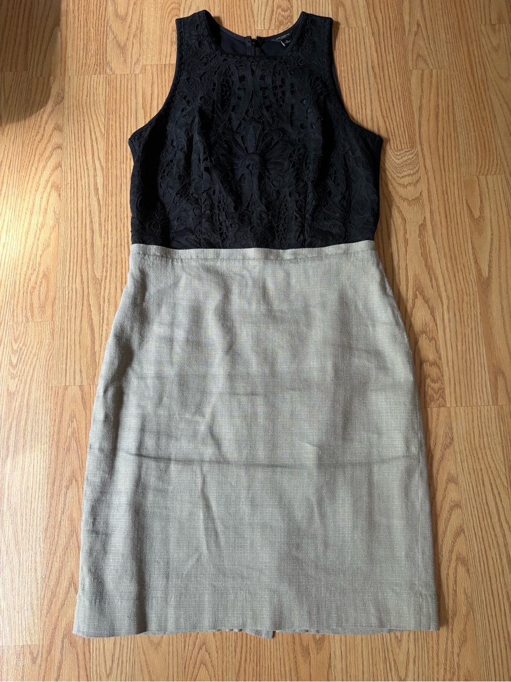 Ann Taylor Black Lace Bodice Two-Tone Midi Dress with Neutral Skirt